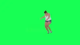 A fat woman with a big body in green screen with white swing and blue leo shorts and pale blue