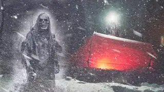 Winter Camping in a Halloween Snow Storm, Blizzard Extreme Weather - Horror Version