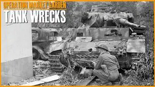 Market Garden wrecked German and Allied tanks and vehicles footage.