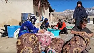 Grandma and the family clean the house for welcoming spring