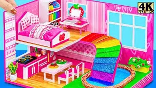 How To Make Pink Villa from Cardboard with Big Rainbow Slide Pool for Hamster - DIY Miniature House