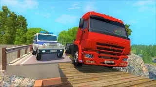 Патруль ДПС на УАЗе и Камаз нарушитель проезжает подвесной мост в игре BeamNG.Drive