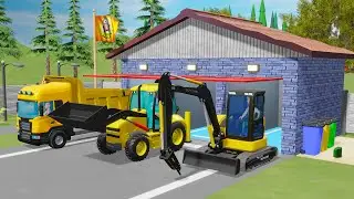 Truck and Mini Excavator with Hydraulic Hammer, and Old Fountain Repair - Construction Vehicles