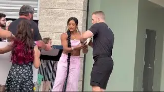 Bianca Belair and Carmelo Hayes entering the DCU Center in Worcester before WWE Smackdown begins!