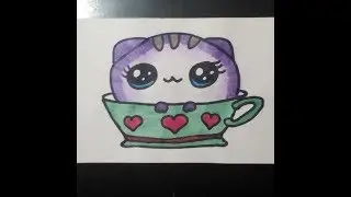 KAWAII РИСУНКИ |   Как нарисовать котика в чашке  -  How to draw a cat in a cup