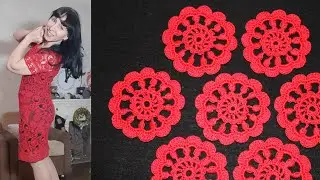 Lesson 5. Red dress. Crochet. Flower with a wreath. Irish lace.