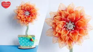 Георгин из Органзы . Подарочный Топиарий-магнит / Dahlia organza. Gift Topiary-Magnet. ribbon flower