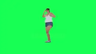 A fat woman with a big body in green screen with white swing and blue leo shorts and pale blue