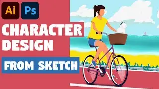 Character Illustration with texture in Adobe Illustrator and Photoshop | Speed Art (girl on bicycle)