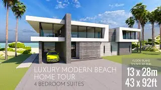 Modern Minimalist Beach House Design Mansion Tour w/ Plans -Architecture Design Walk Through 43x92ft