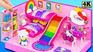 Make Cute Pink Hello Kitty Bedroom has Bunk Bed, Rainbow Slide Pool ❤️ DIY Miniature Cardboard House