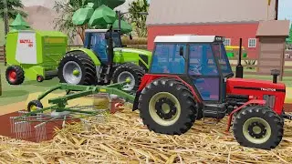 Colorful Farm and Two VIP Tractors - Raking and Rolling Straw Bales From Bazylland Tractors