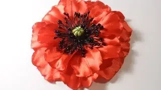 Мак из атласных лент, Уроки Канзаши для Начинающих / DIY Poppy flower