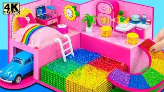 Make Pink Craft House with 4 Color Swimming Pool from Magnetic Balls - DIY Miniature Cardboard House