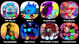 FNF Sky, FNF Yoylecake Central, FNF BDFI, FNF Ourple Guy, FNF Trollge V2, FNF Marios Madness V2