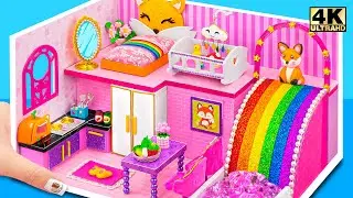 Build Cute Pink Miniature Fox House with Rainbow Slide from Cardboard for pet ❤️ DIY Miniature House