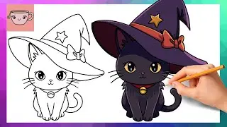 How To Draw Cute Black Cat with Witch Hat 🎃 Halloween Art - Easy Drawing Tutorial