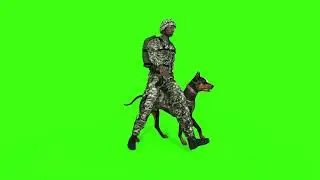 A soldier with a military dog walking Greenscreen