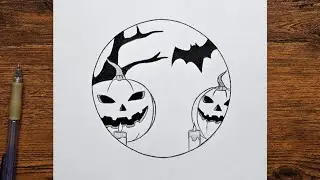 How to draw Halloween Stuff | Halloween view in a circle step by step | Easy Pumpkin tutorial