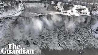 Aerial footage shows partially frozen Niagara Falls