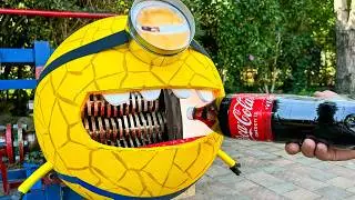 Real Life MEGA MINION Shredder Robot vs Coca Cola & Mentos