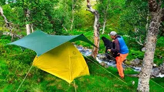 Camping by a Peaceful Hidden Creek in the Forest with Tarp & Tent. Backpacking the North - ASMR