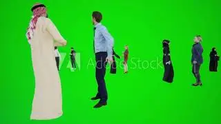 3D animation of Arab and European meeting standing talking to each other green screen of chroma key