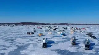 Drone Flight Over Ice Fishing Village Lake Waconia MN